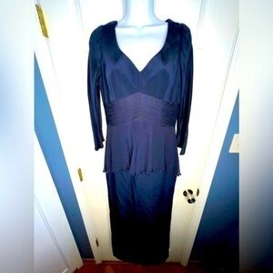 Vtg Searavelli Womens 8 Long Sleeve Navy Blue Beaded Silk Chiffon Formal Dress M